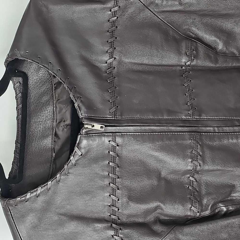 Rich Brown Front Leather Back Sweater Jacket wStitch Design Cozy Office Polished - Picture 4 of 12